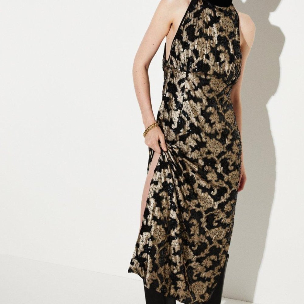 Karen Millen Sequinned Jacquard Halterneck Midi Dress